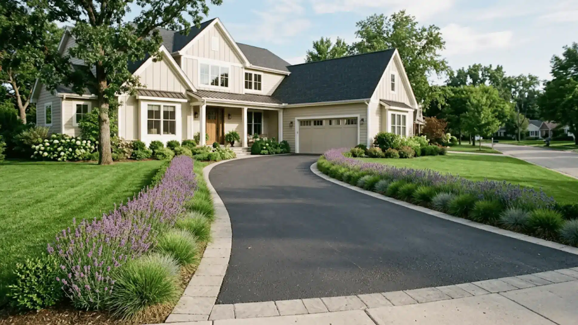 image featuring a driveway edged with a neat border of lavender and ornamental grasses to enhance your home's