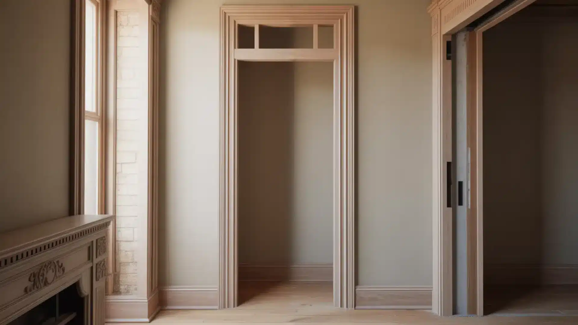 interior room with wooden door frames, detailed trim, and an open doorway, showcasing design