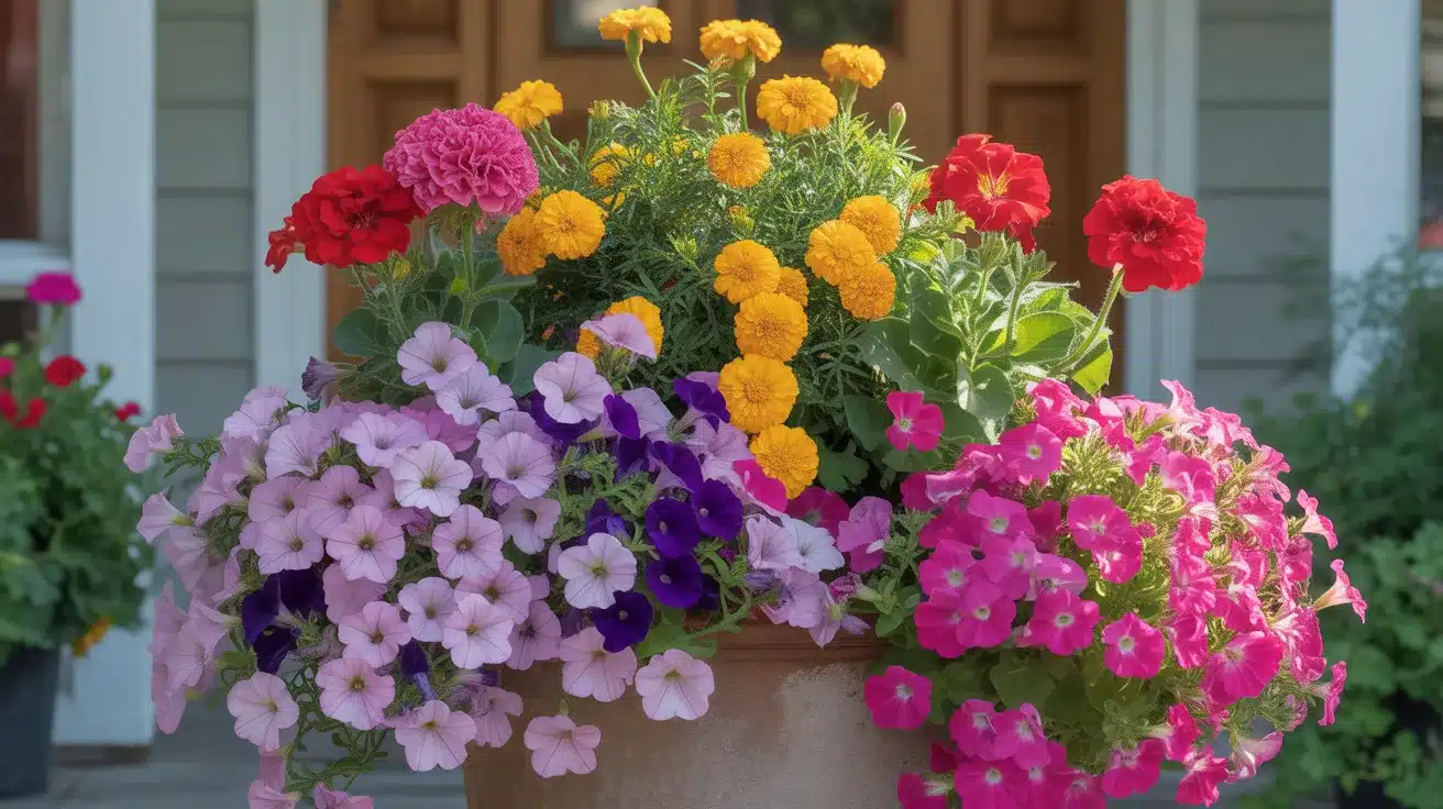 large ceramic pot overflowing with a stunning array of colorful flowers positioned near a welcoming front porch entrance