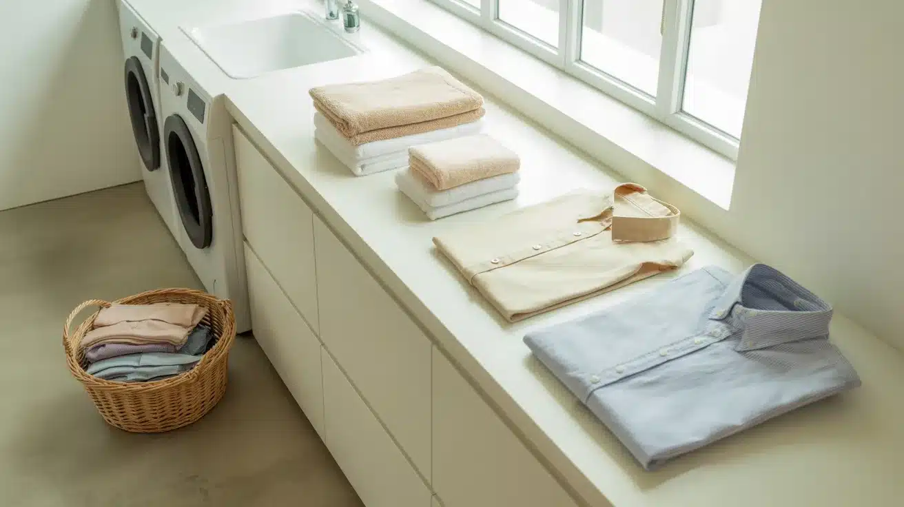 laundry folding station featuring a smooth white countertop positioned above a modern washer and dryer unit
