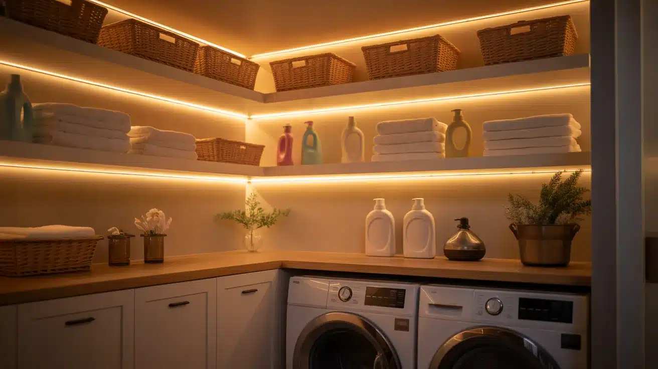 laundry room interior showcasing warm secondary lighting that creates a soft, inviting atmosphere
