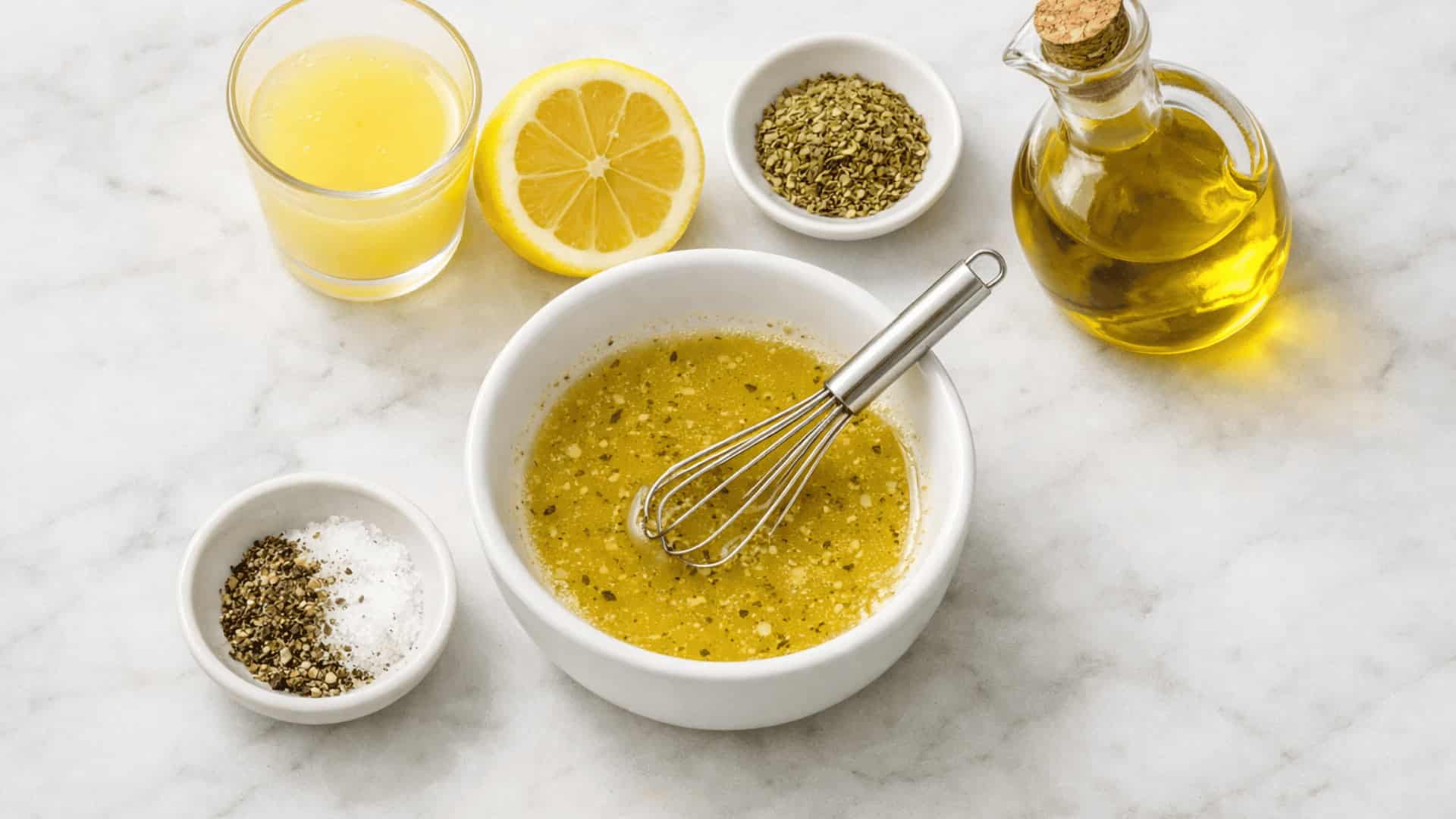 lemon herb vinaigrette being whisked in a white bowl with olive oil, lemon juice, dried herbs, salt and pepper on marble