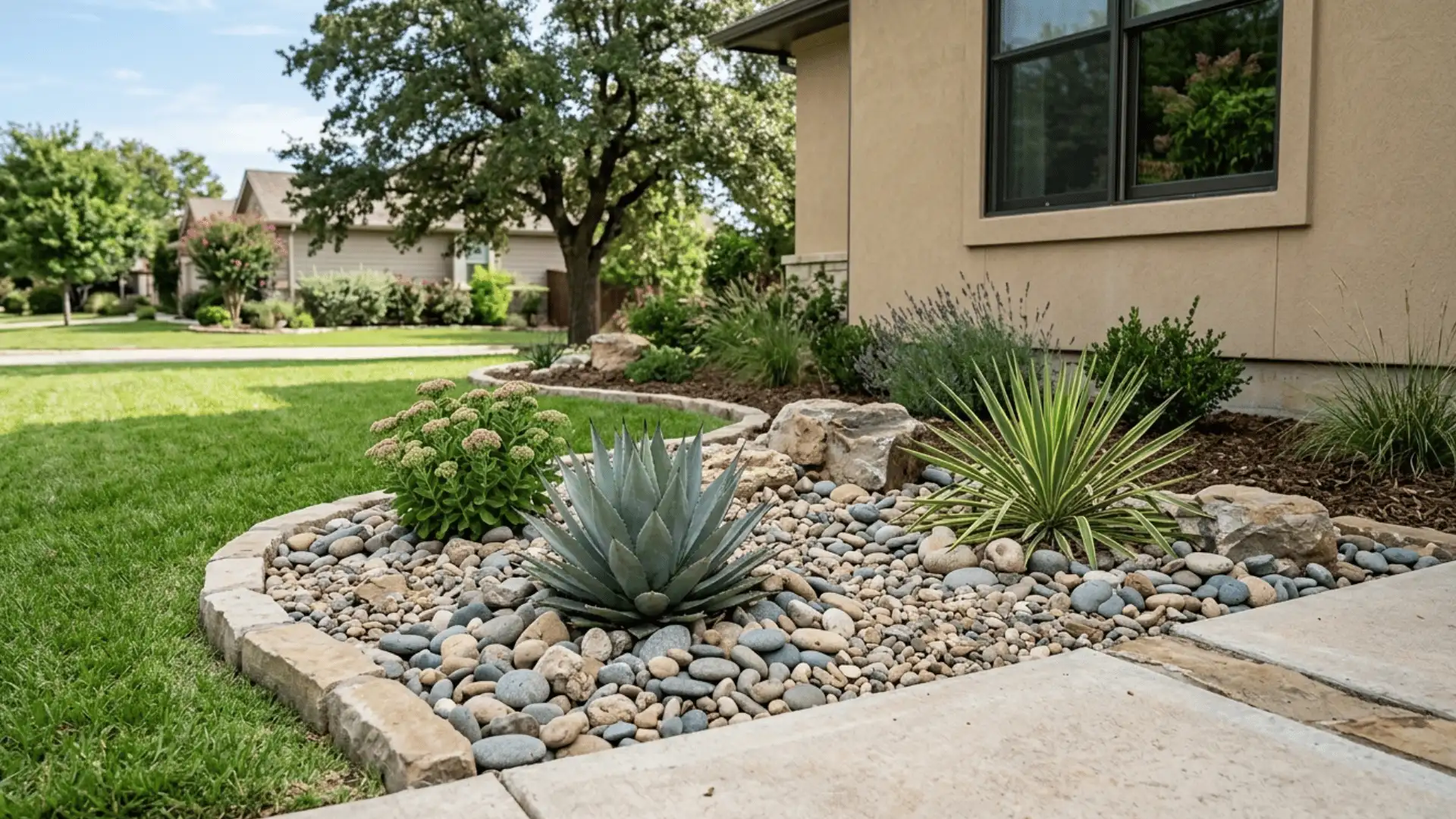 low-maintenance, modern rock accent area for your front yard, complete with natural textures