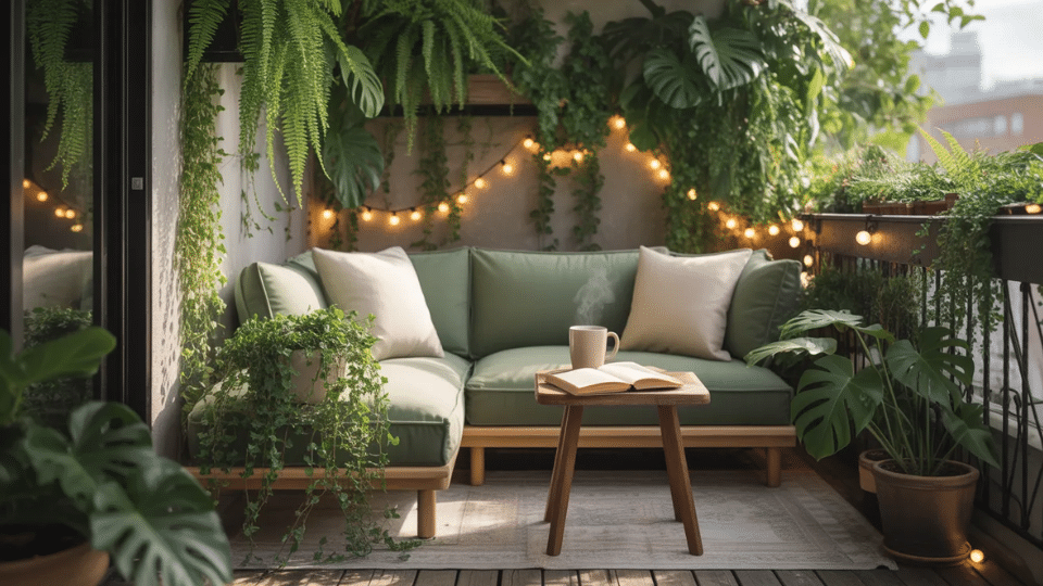 lush apartment balcony with sage green sofa open book steaming mug wood coffee table string lights and trailing plants