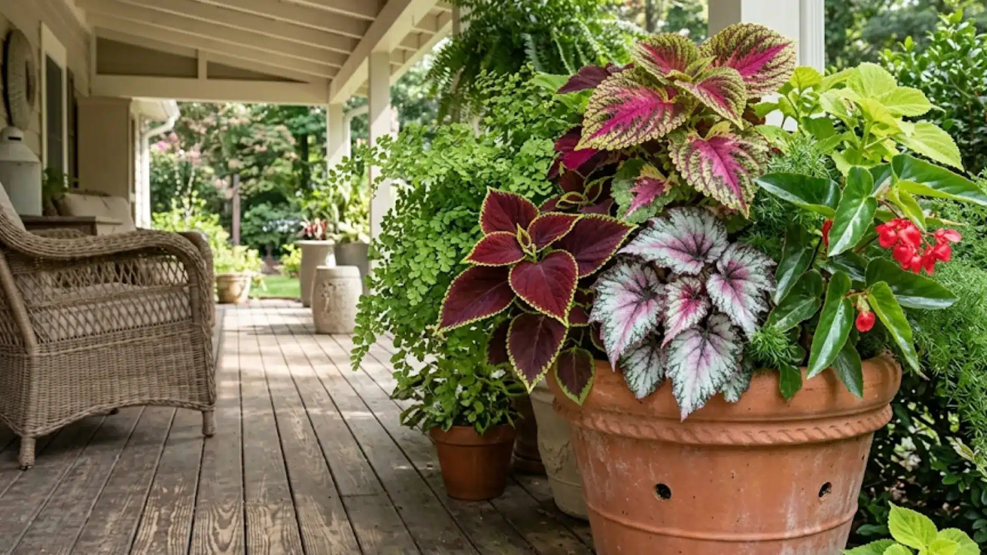 lush terracotta planter on a wooden porch filled with vibrant coleus, begonias, and ferns in soft, dappled afternoon sunlight