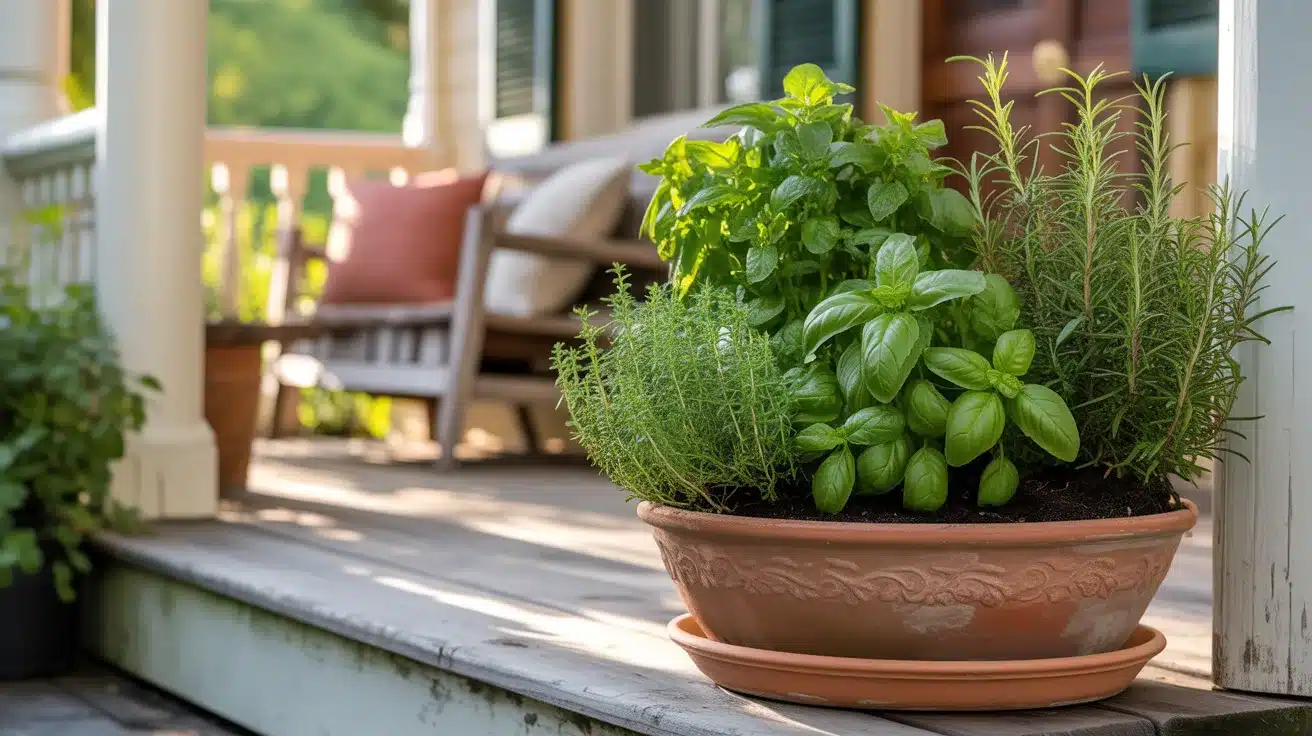 medium-sized terracotta pot filled with flourishing herbs sitting on a welcoming front porch