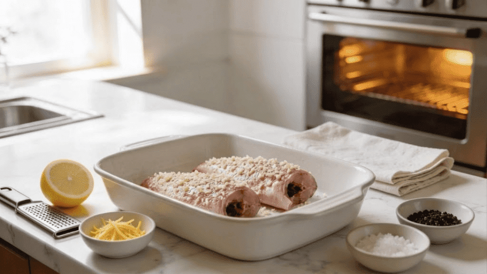 minced garlic being spooned over two raw snapper fillets in a white dish with lemon and zest nearby