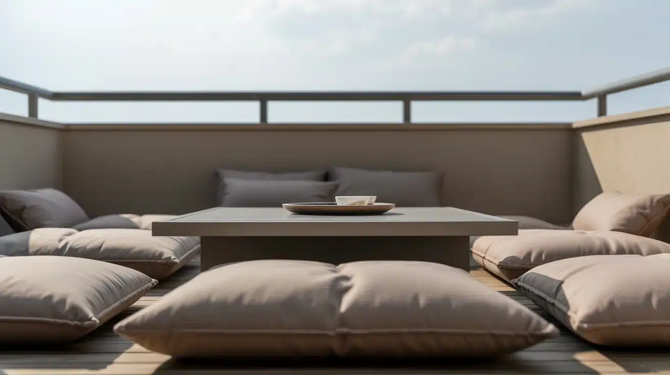 minimalist balcony featuring a thoughtfully arranged low-floor seating area with plush floor cushions in neutral tones