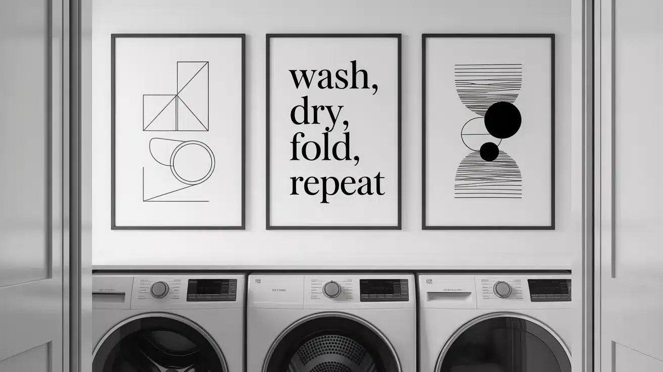 minimalist black and white art gallery wall in a modern laundry room featuring three carefully curated pieces