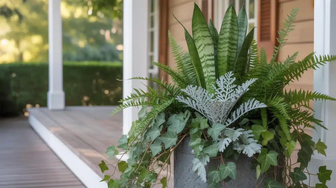 mixed texture planter arrangement positioned on a welcoming front porch