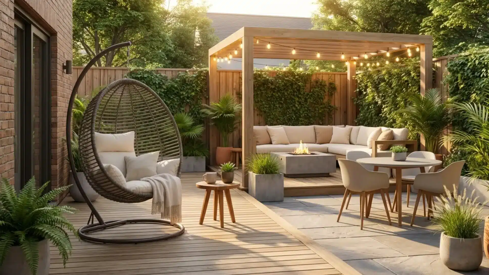 modern backyard design combining multiple backyard ideas, cozy seating area with outdoor sofa and cushions, pergola with string lights, small dining setup