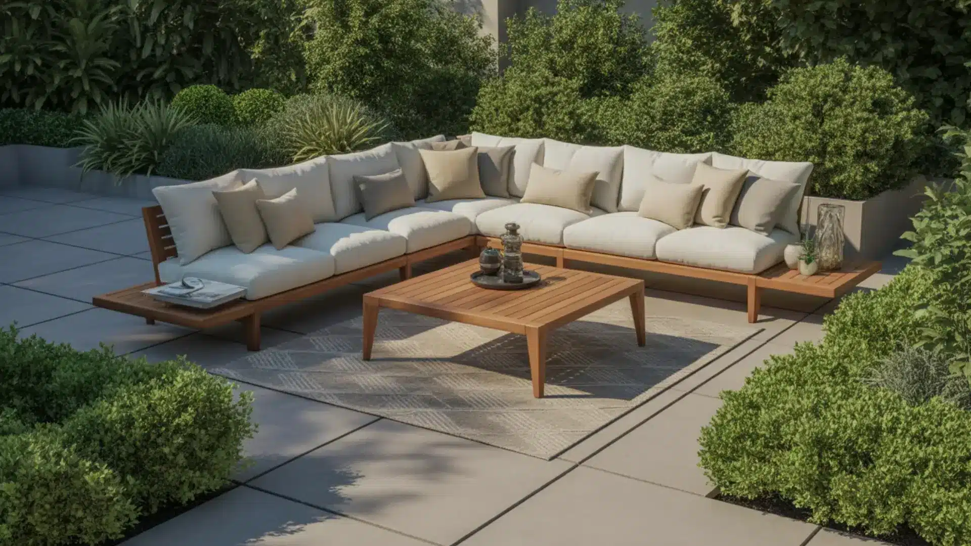 modern backyard with outdoor sectional sofa, neutral cushions, wooden coffee table, outdoor rug, greenery around, clean patio flooring, natural daylight, realistic textures