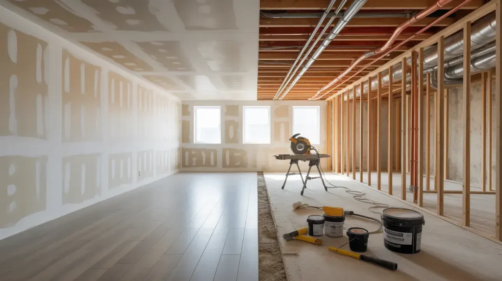 modern basement renovation scene with one side unfinished concrete and exposed pipes, other side finished with sofa, flooring, and lighting