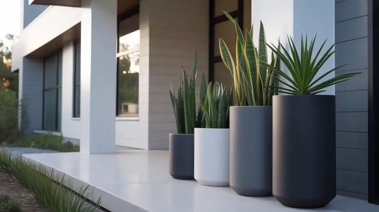 modern front porch featuring three tall, sleek planters in varying heights arranged along a clean concrete or stone entryway