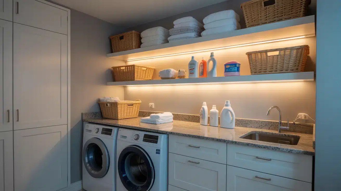 modern laundry room featuring bright LED strip lights mounted underneath white floating shelves above a washing machine and dryer