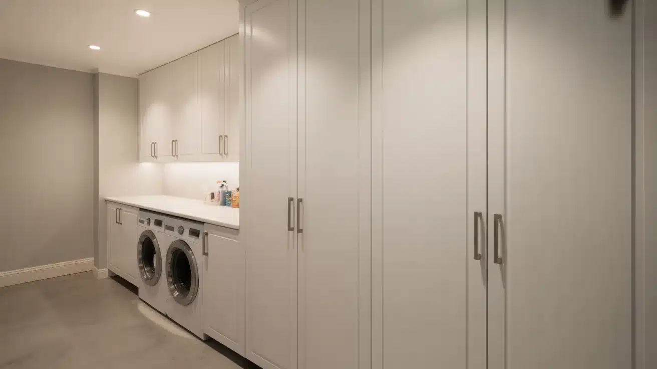 modern laundry room featuring sleek white closed cabinets lining the walls from floor to ceiling