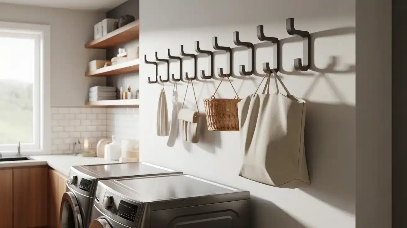 modern laundry room interior featuring a row of stylish wall hooks mounted on a clean white wall above a sleek washer and dryer set