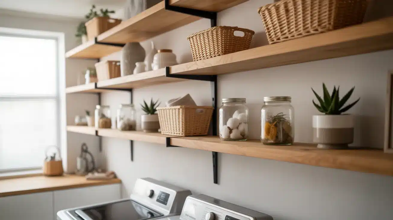 modern wooden floating shelves mounted on a clean white wall, displaying a carefully curated selection of home decor items
