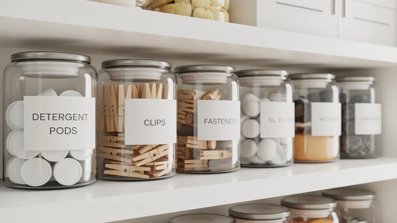 neatly organized glass storage jars arranged on clean white shelving in a modern pantry or laundry room