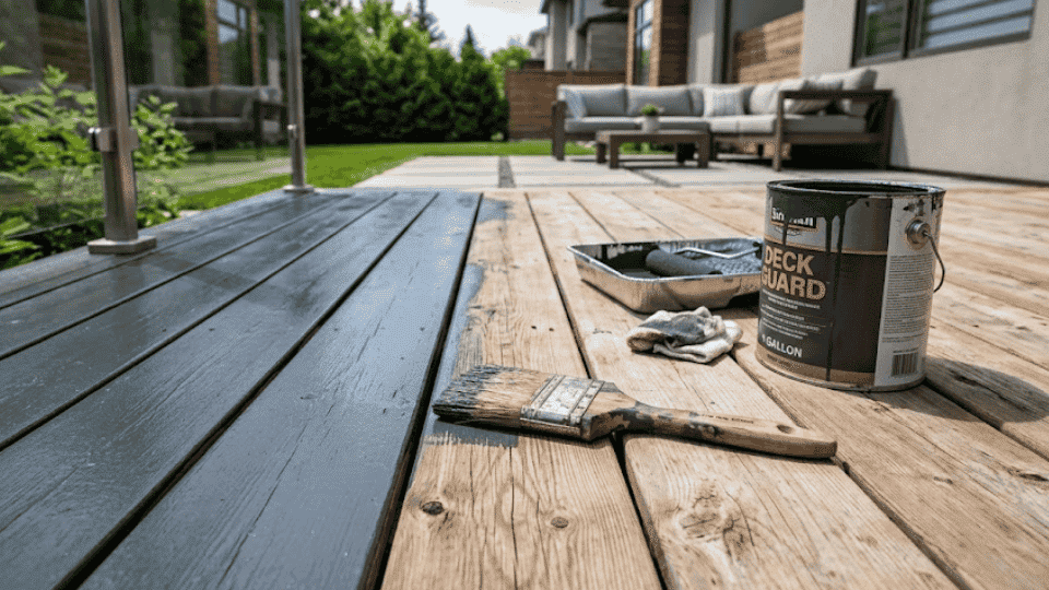 outdoor wooden deck being painted with brush showing raw and finished wood under natural light