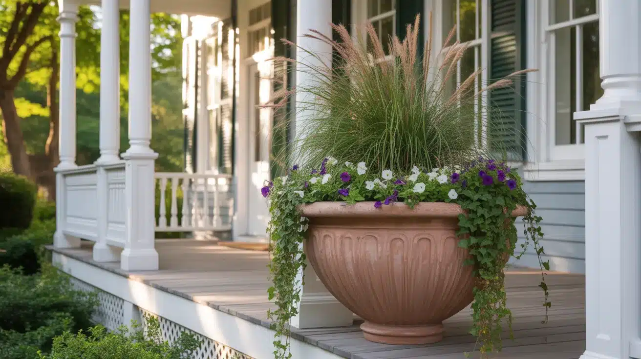 oversized planter contains a striking ornamental grass with tall, graceful fronds swaying gently, surrounded by cascading ivy and colorful petunias in shades of purple and white