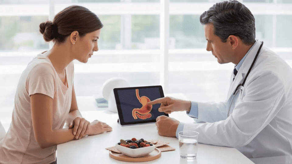 patient discussing digestion and constipation with doctor in a bright, modern clinic setting