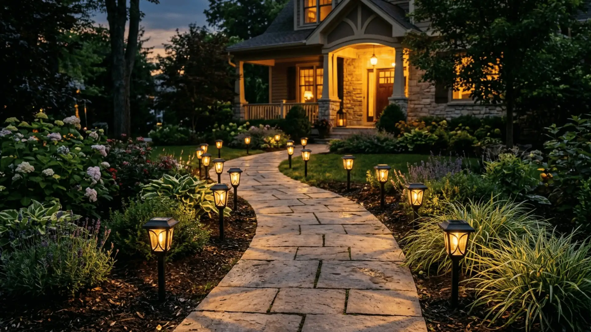 picture of the walking way to the home with the beauty lights with planters