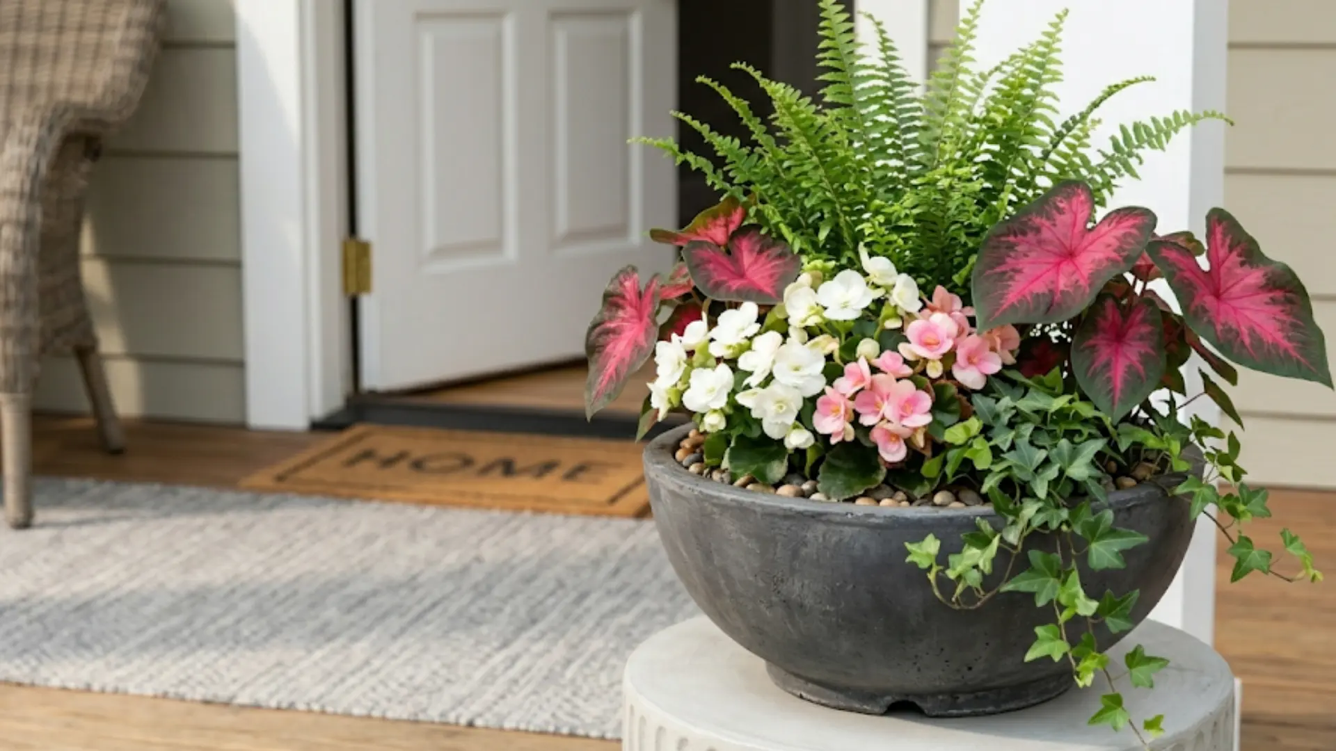 planter with a lush Boston fern, vibrant pink Caladiums, white begonias, and trailing English ivy in a dark pot