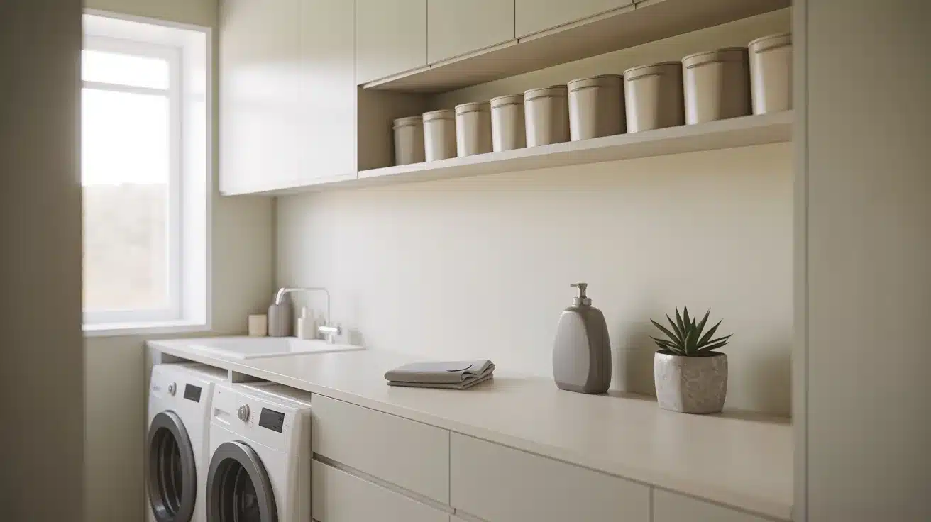 pristine laundry room featuring a clean, uncluttered countertop with minimal essential items