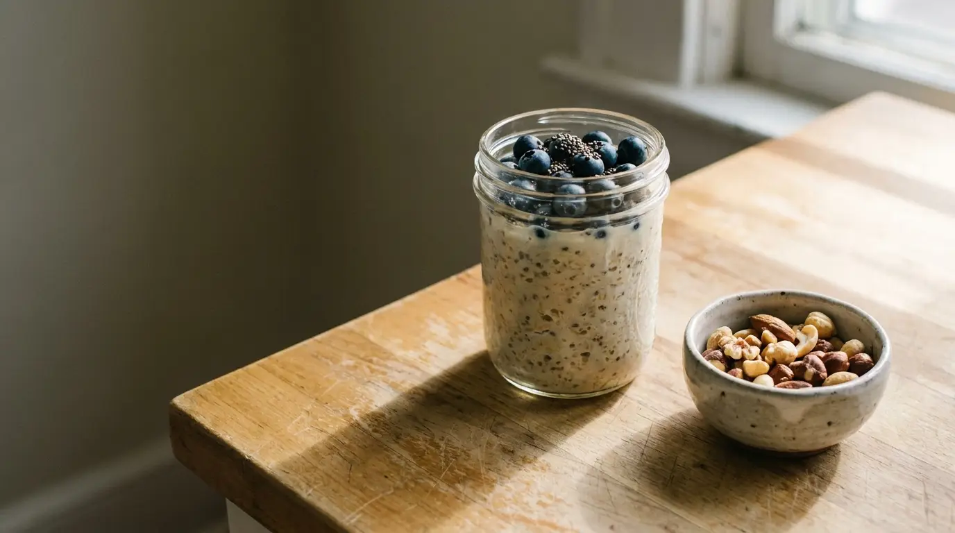 Jar of overnight oats topped with blueberries beside bowl of mixed nuts on wooden table