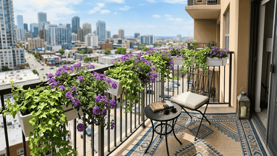 railing planters overflowing with verbena and ivy on bright balcony with bistro chair patterned rug and city skyline