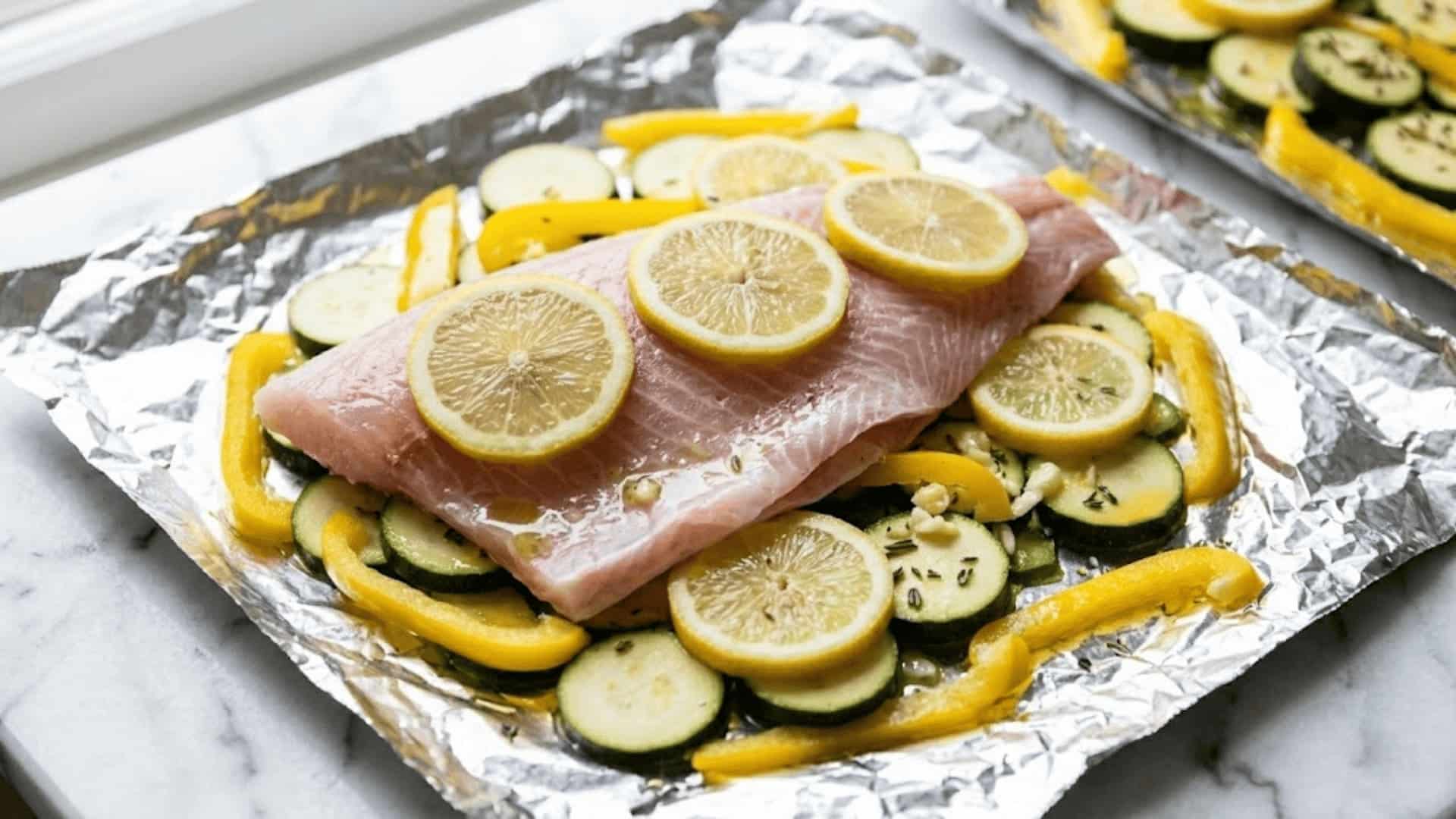 raw fish fillet topped with lemon slices resting over zucchini and yellow bell pepper on open foil