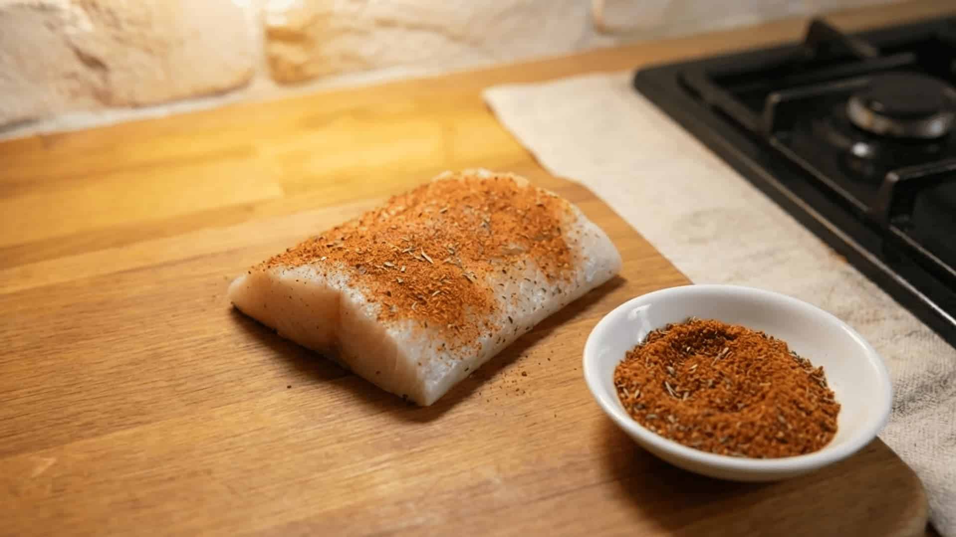 raw mahi mahi fillet coated in cajun seasoning on a wooden board beside a small bowl of spice blend