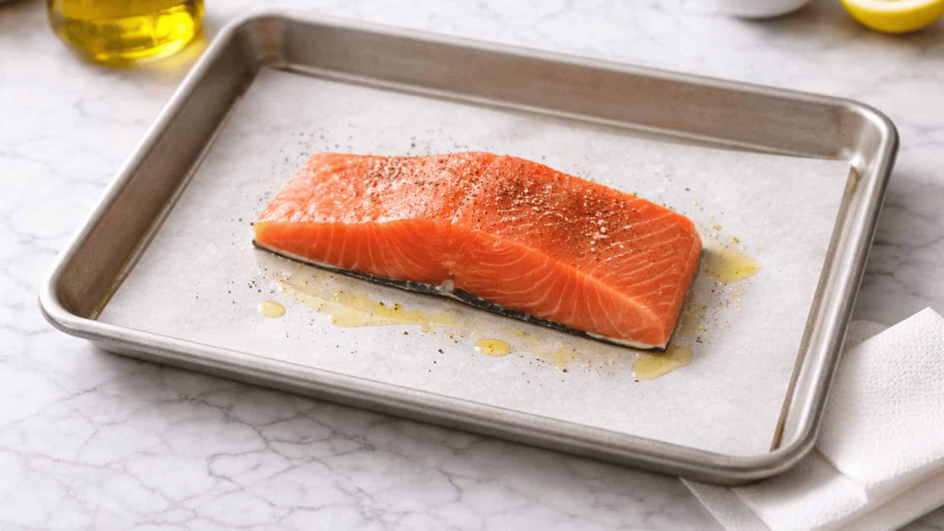 raw salmon fillet seasoned with black pepper and olive oil on a parchment-lined baking sheet on a marble surface
