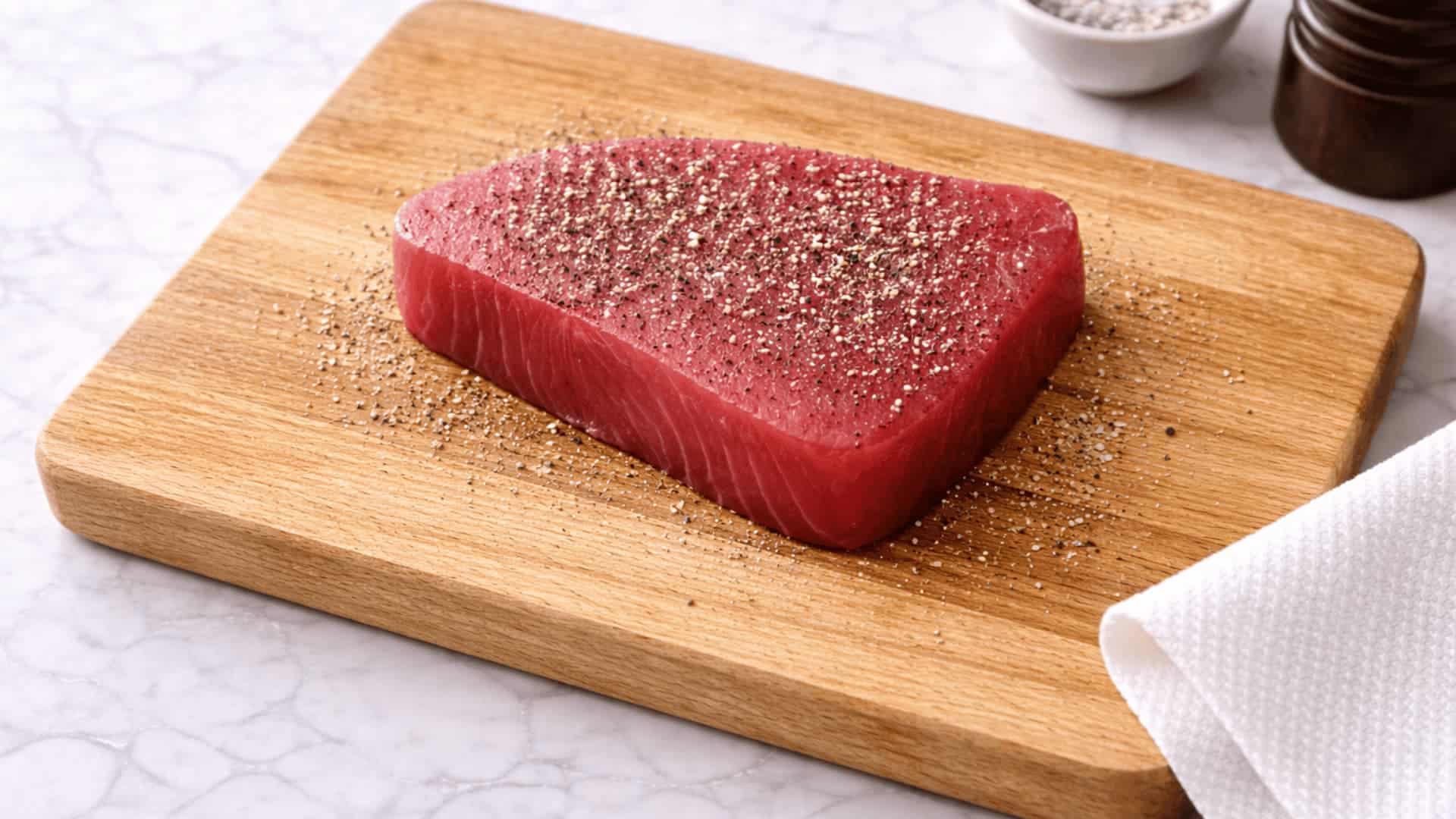 raw tuna steak seasoned with cracked black pepper on a wooden cutting board on a marble surface