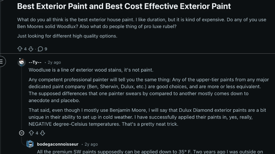 reddit discussion on the best exterior wall paint