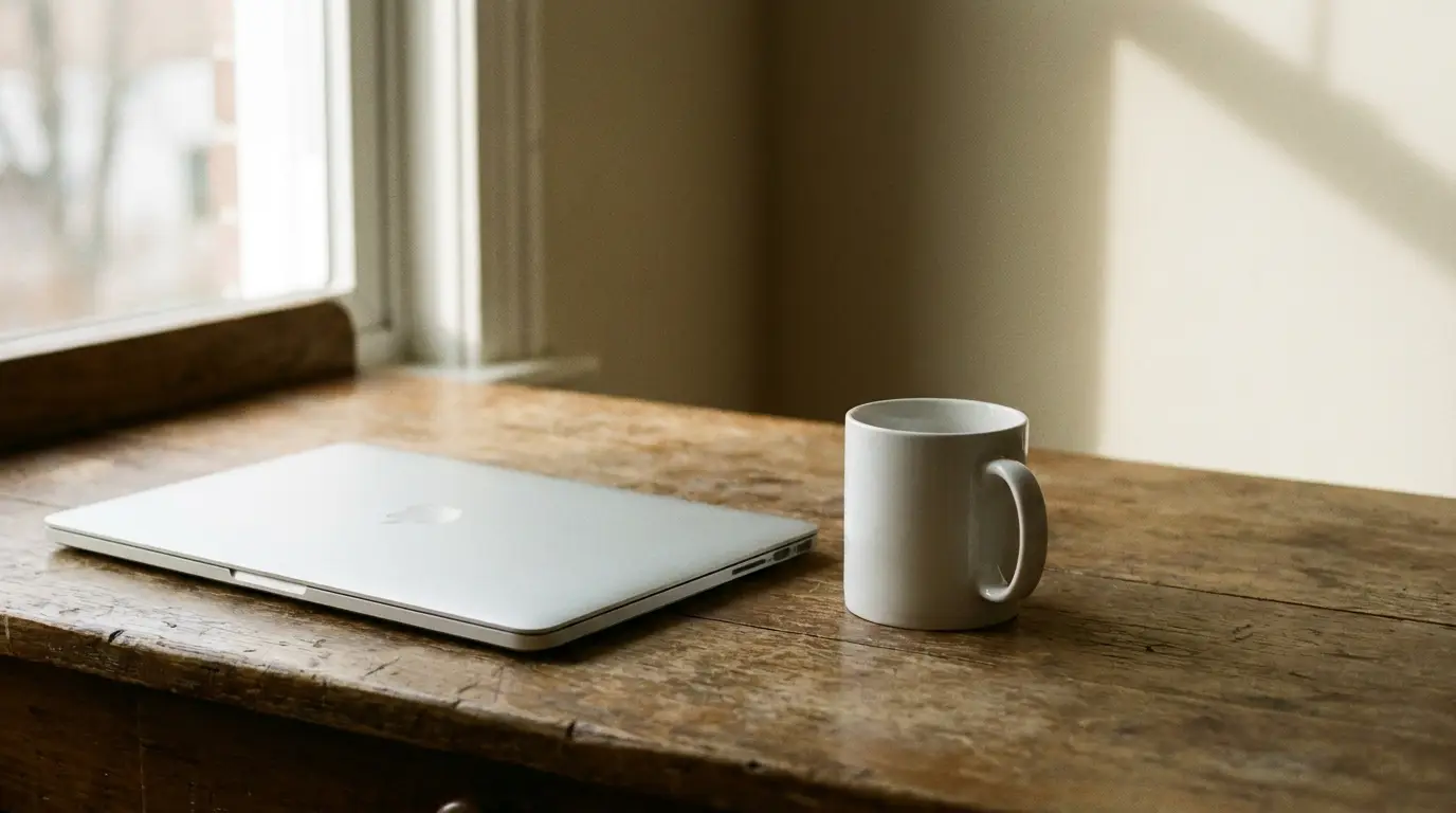 Closed laptop and white mug on wooden desk in sunlight near window