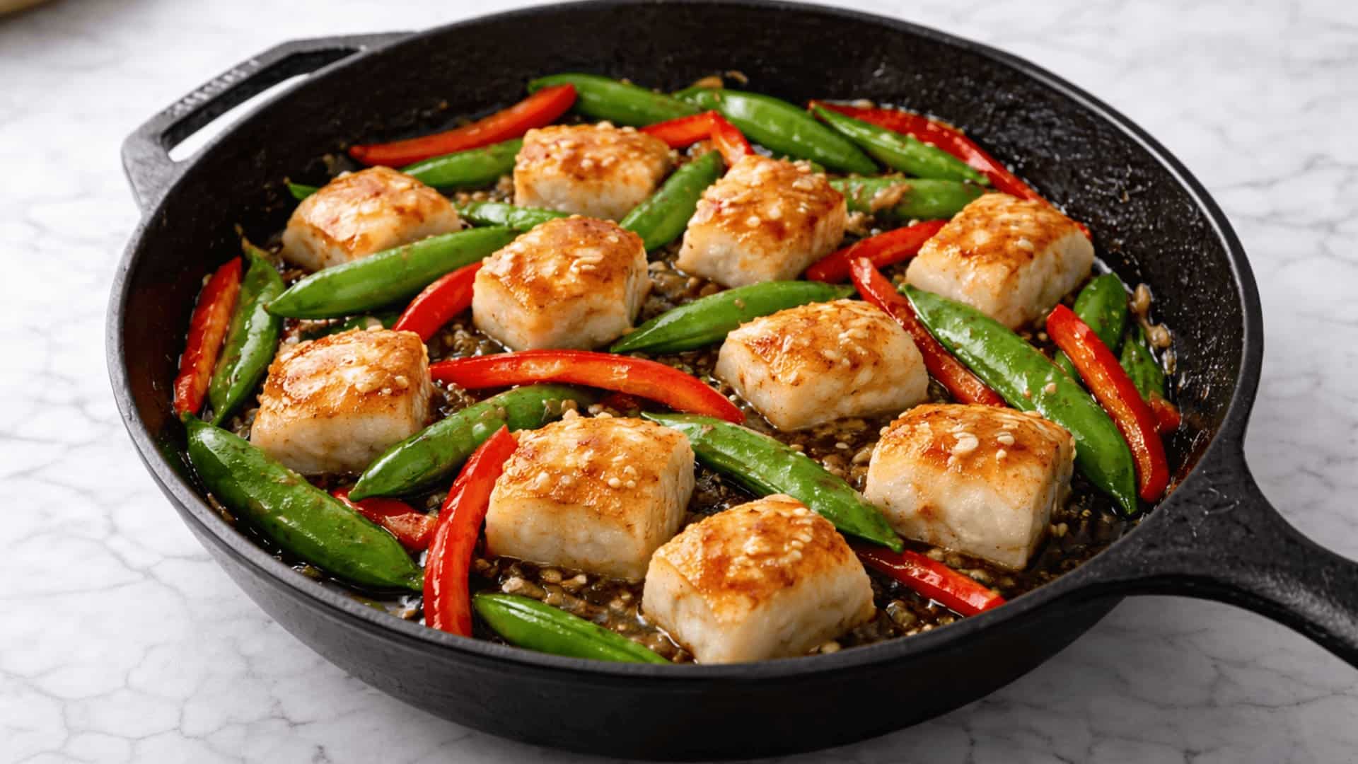 seared white fish cubes with snap peas and red pepper strips in garlic soy sauce in a cast iron skillet