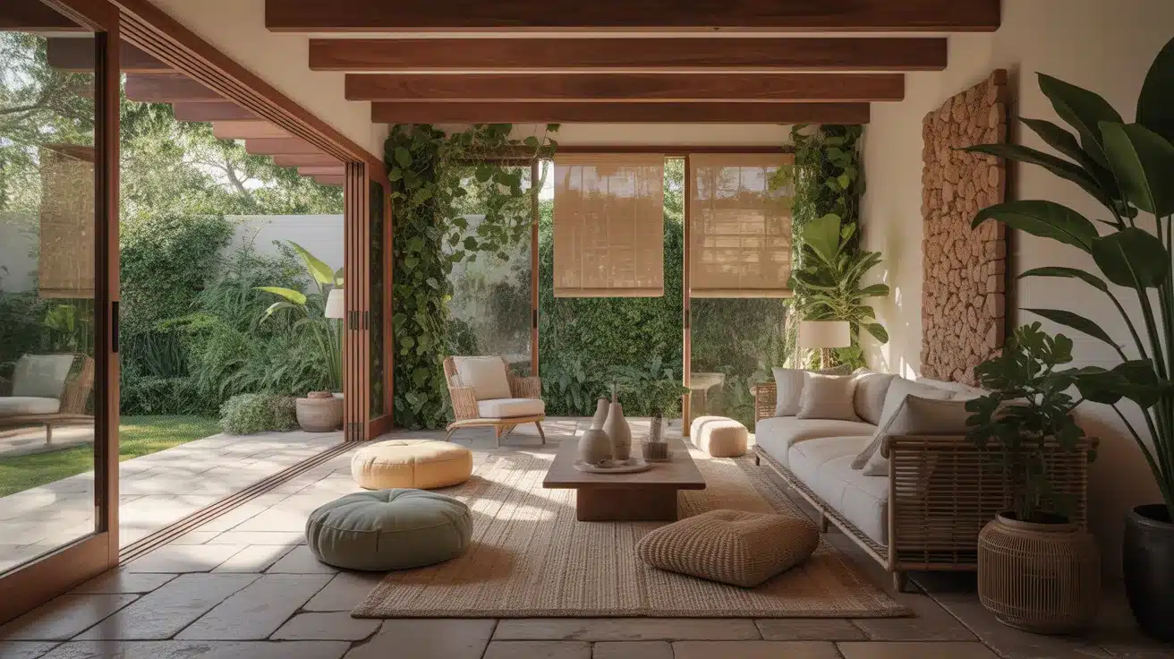 serene 3-season room featuring a flowing lounge with abundant natural materials including rich walnut wood beams