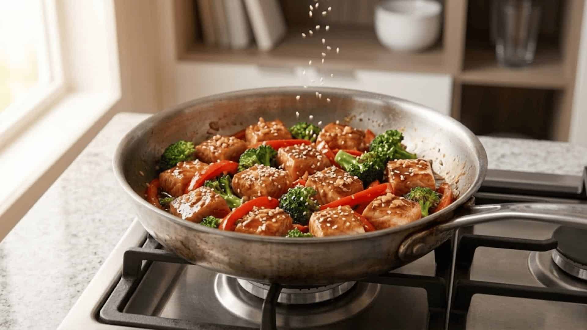 sesame seeds sprinkling over teriyaki glazed salmon stir-fry with broccoli and red bell pepper in a skillet