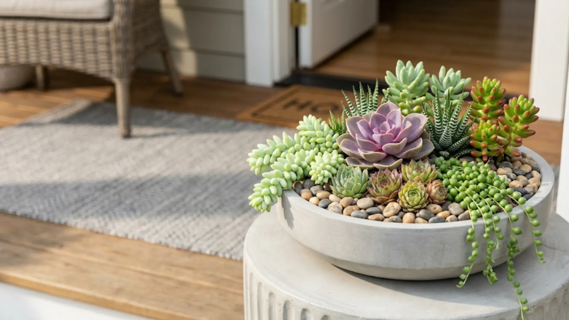 shallow ceramic planter filled with an artfully arranged collection of diverse succulents on a welcoming front porch