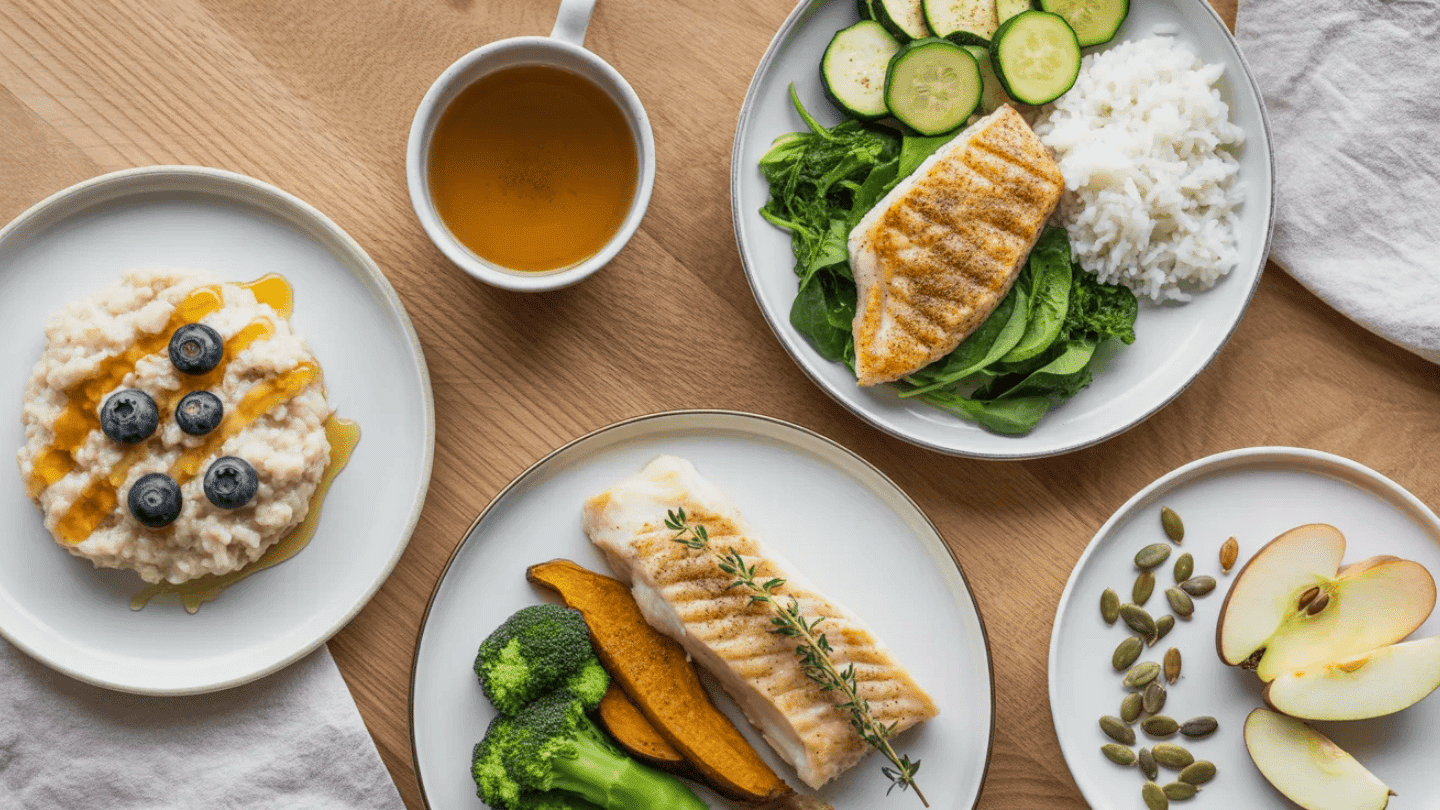 simple low histamine meal plan with oatmeal, grilled chicken salad, baked fish with vegetables, and apple snack on wooden table