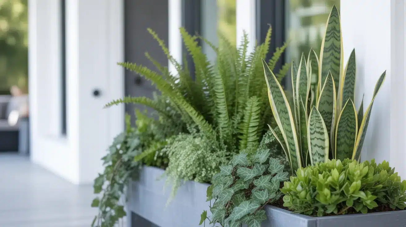 sleek, minimal planter arrangement on a clean front porch featuring various shades of green foliage