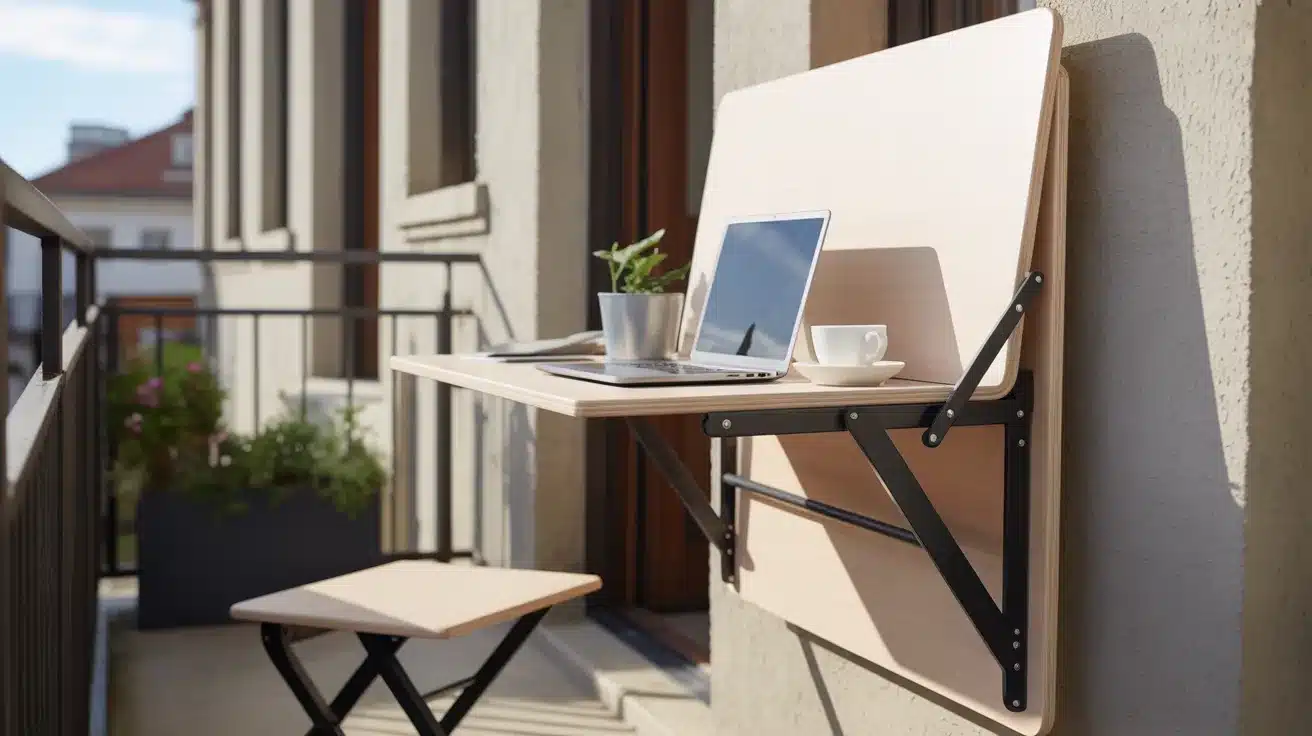 sleek, modern wall-mounted folding desk on a small apartment balcony, shown in its open position ready for use