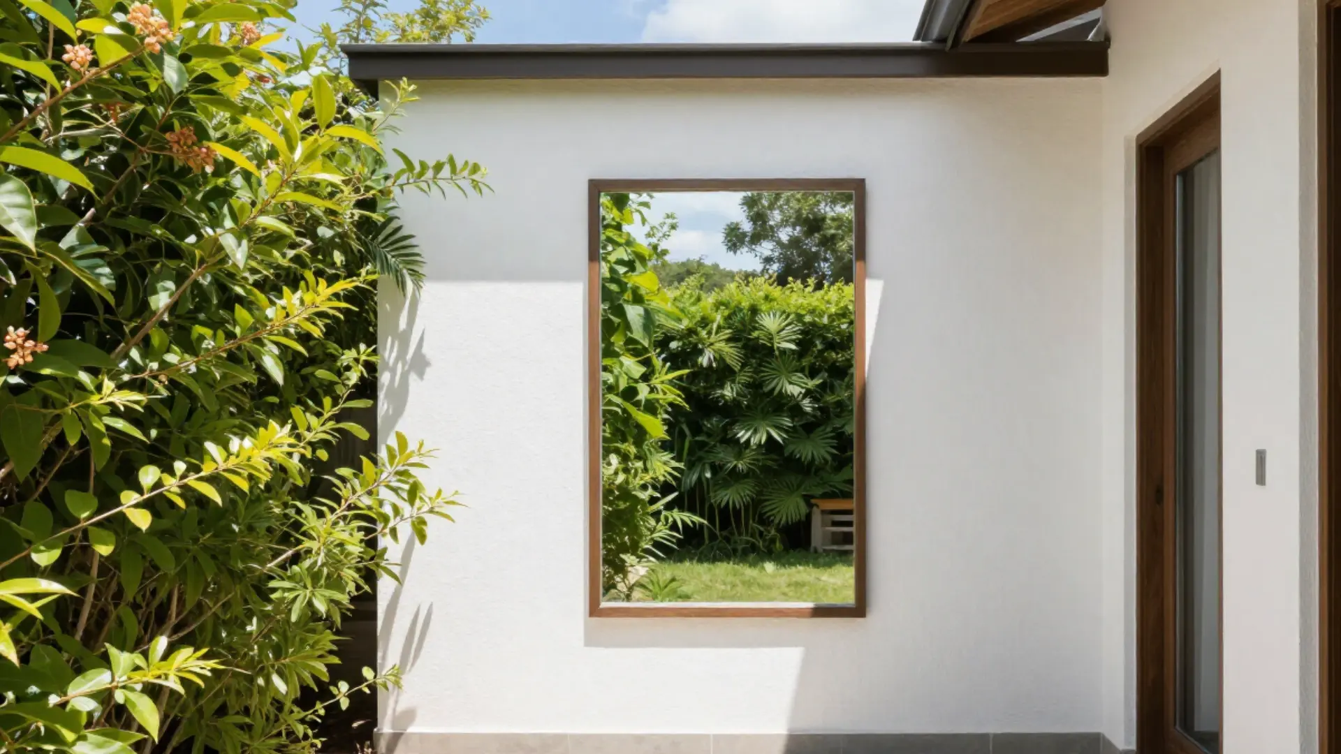 small backyard with single wall mirror reflecting greenery and sky, brightening narrow patio, daytime