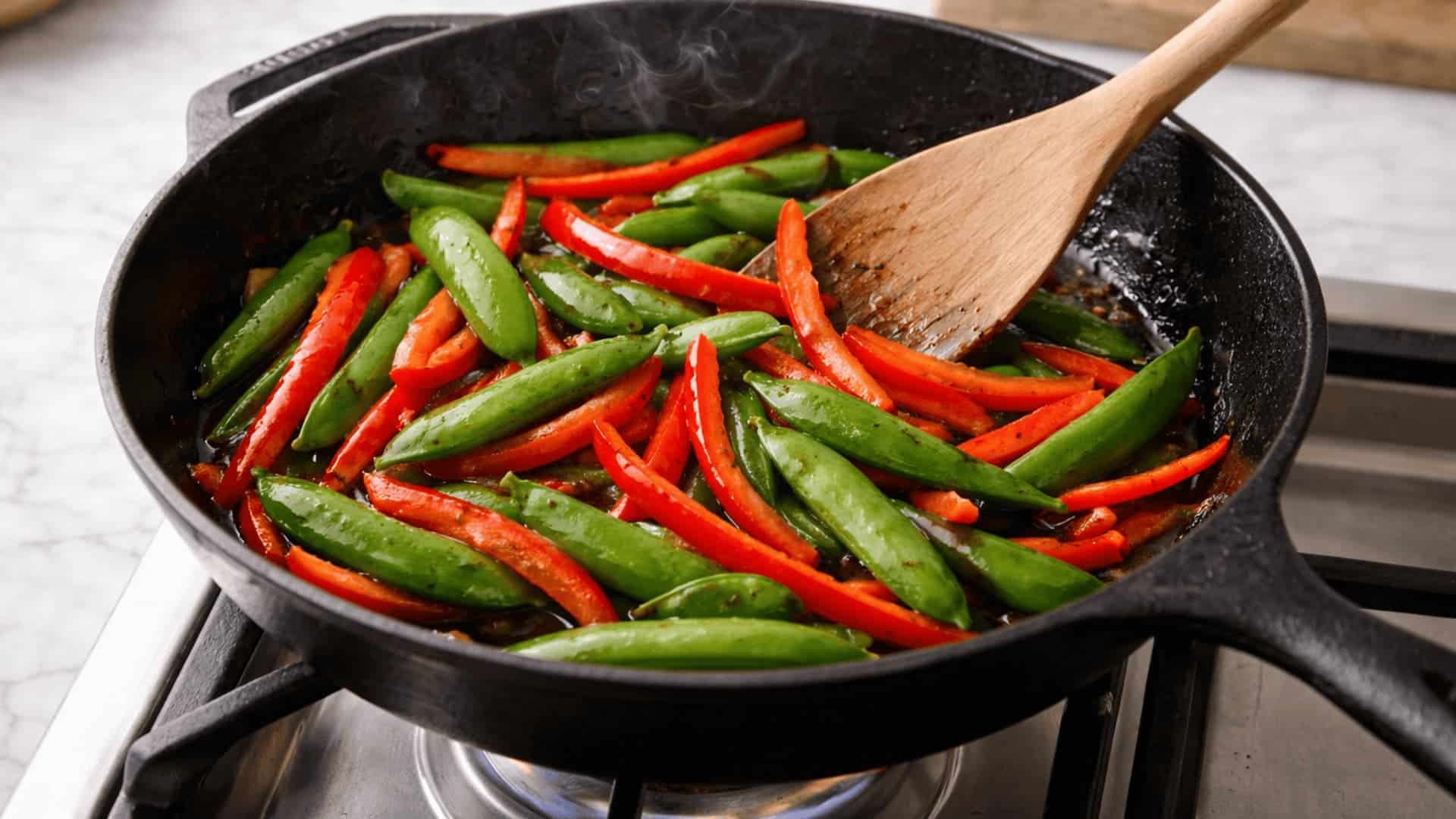 snap peas and red pepper strips stir-frying in a cast iron skillet on gas stove with wooden spatula