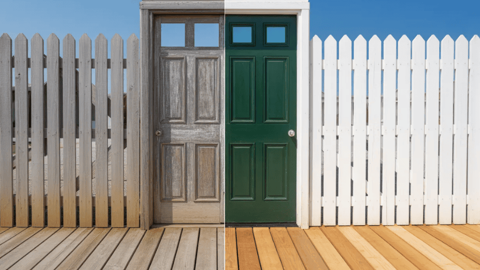 split view of painted outdoor wood surfaces like fence deck and door in different finishes under daylight