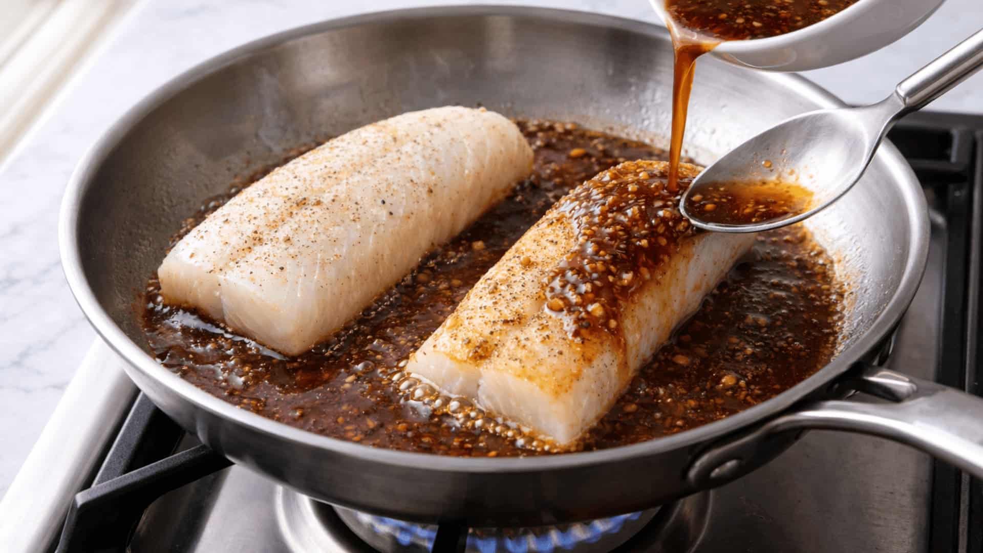 spooning ginger soy sauce over two cod fillets simmering in a skillet on a gas stove top