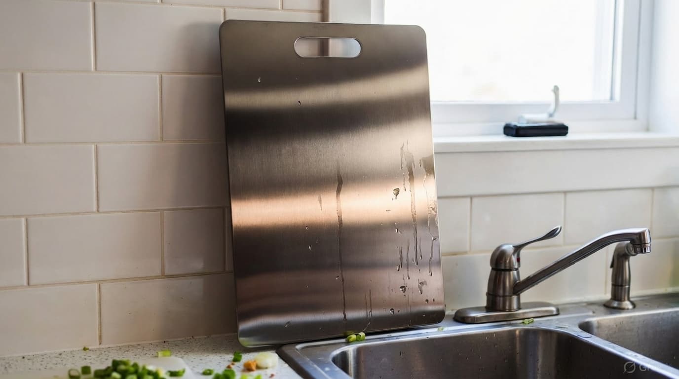 stainless steel cutting board drying after washing in kitchen