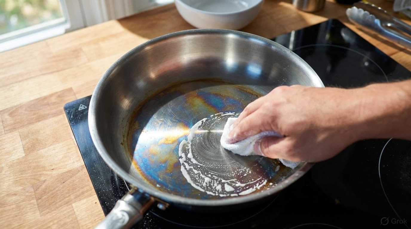 stainless steel pan with rainbow stains being cleaned using baking soda paste